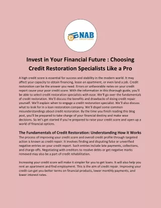 Invest in Your Financial Future : Choosing Credit Restoration Specialists Like a