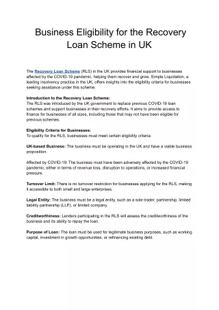 Business Eligibility for the Recovery Loan Scheme in UK