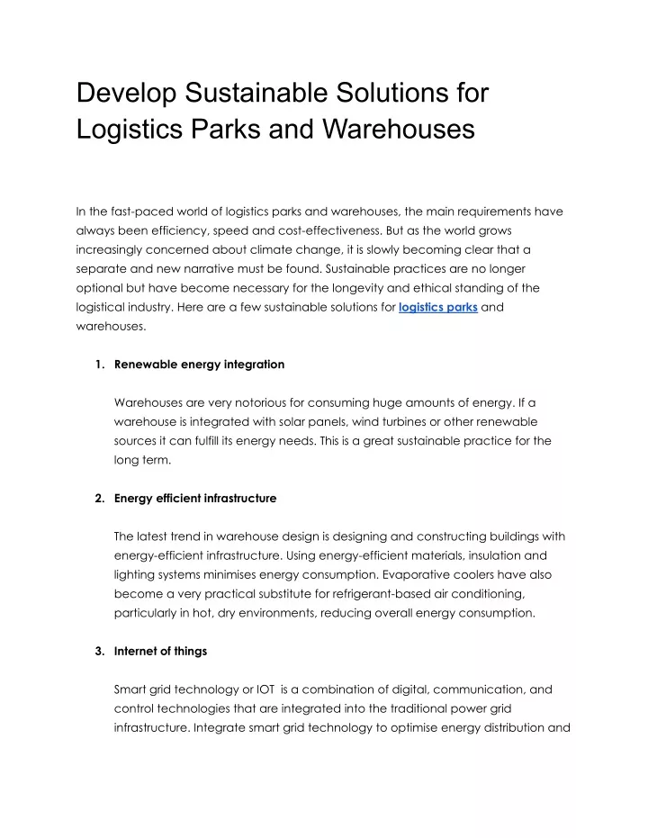 develop sustainable solutions for logistics parks