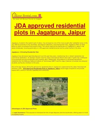 JDA approved residential plots in Jagatpura