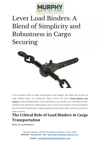 Lever Load Binders: A Blend of Simplicity and Robustness in Cargo Securing