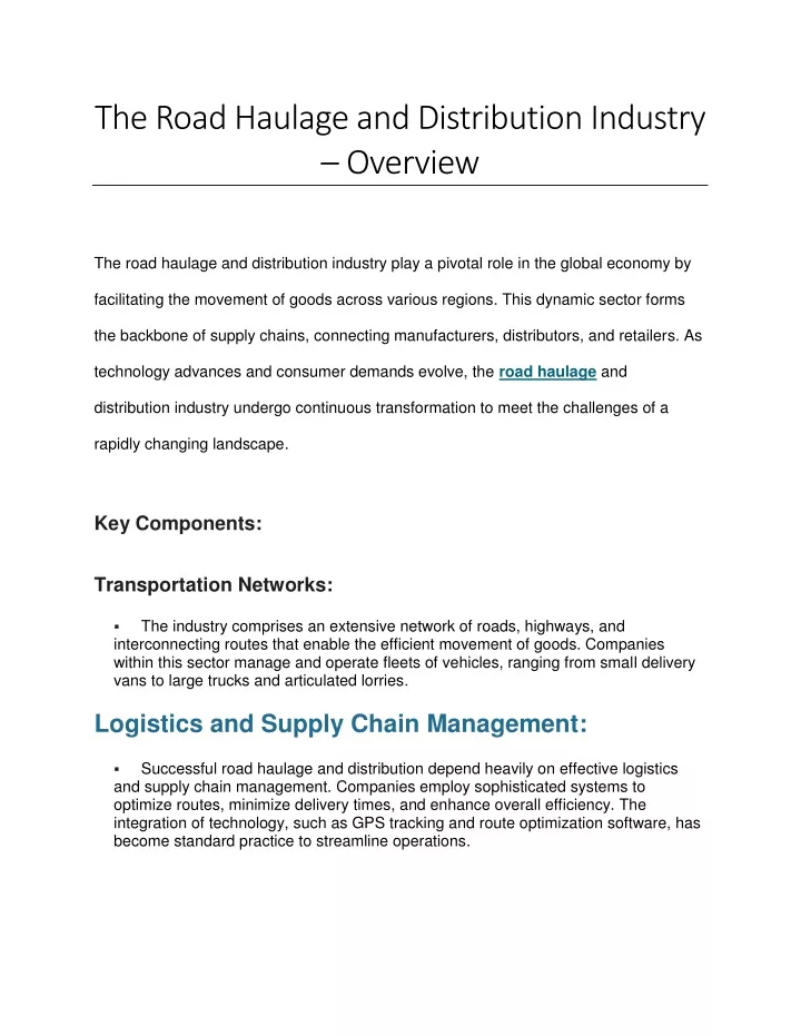 the road haulage and distribution industry