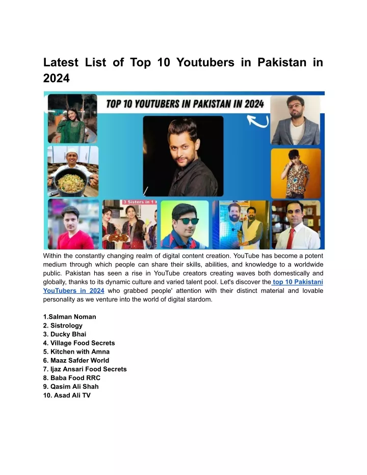 latest list of top 10 youtubers in pakistan
