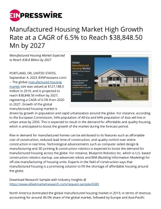 Manufactured Housing Market High Growth Rate at a CAGR of 6.5% to 2027