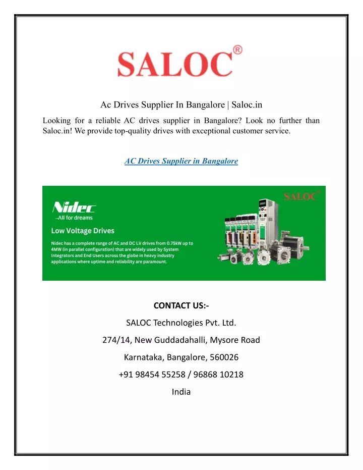 ac drives supplier in bangalore saloc in