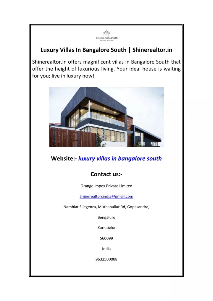luxury villas in bangalore south shinerealtor in