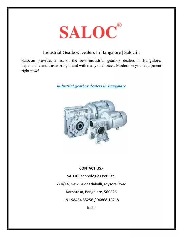 industrial gearbox dealers in bangalore saloc in