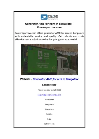 Generator Amc For Rent In Bangalore  Powersparrow.com