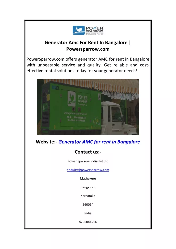 generator amc for rent in bangalore powersparrow