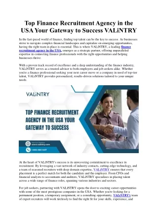 Top Finance Recruitment Agency in the USA Your Gateway to Success VALiNTRY