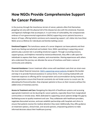 How NGOs Provide Comprehensive Support for Cancer Patients