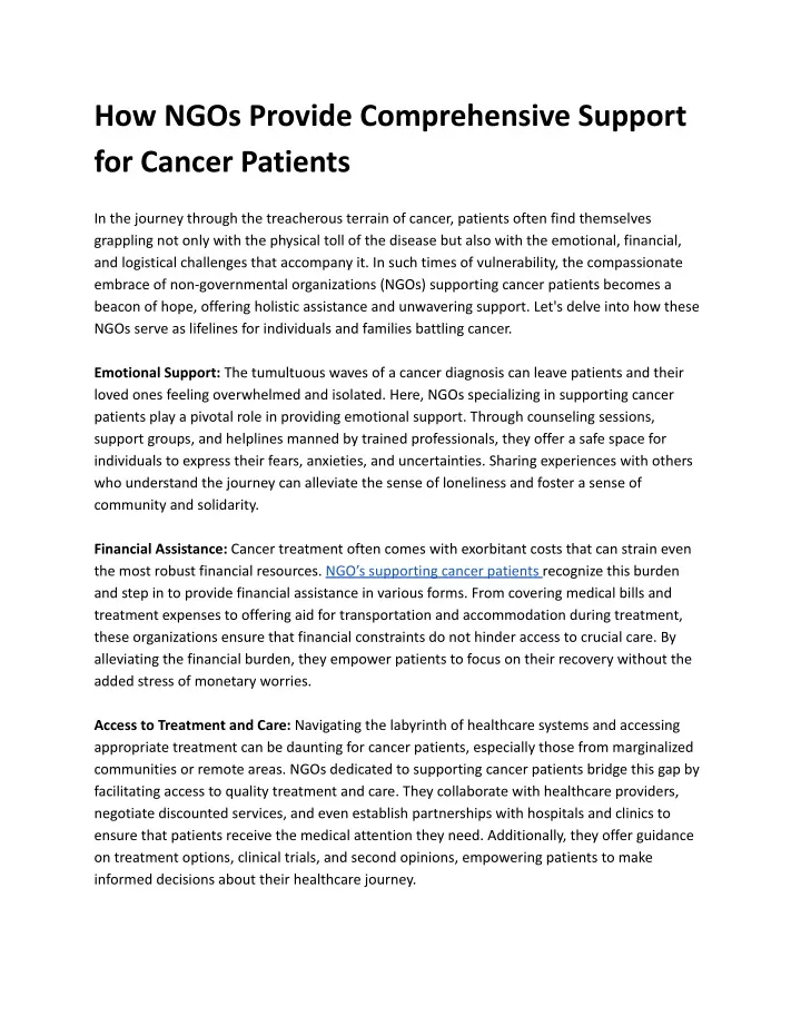 how ngos provide comprehensive support for cancer