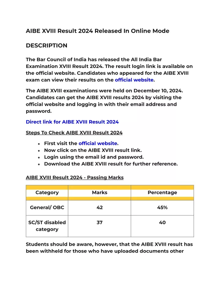 aibe xviii result 2024 released in online mode