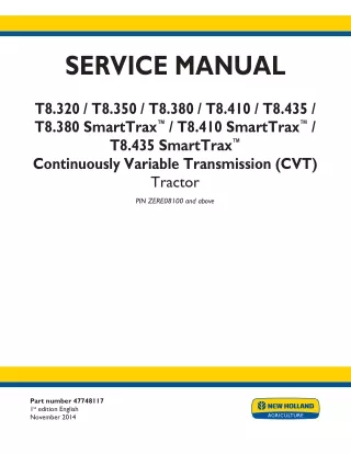 New Holland T8.435 696110767 CVT TIER 4B Tractor Service Repair Manual (PIN ZERE08100 and above)