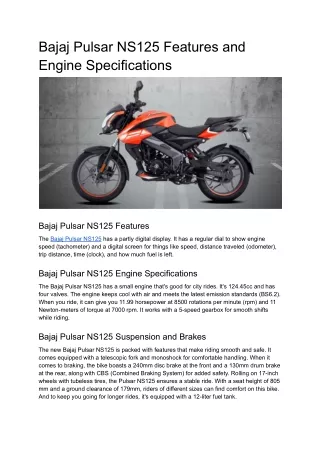 Bajaj Pulsar NS125 Features and Engine Specifications