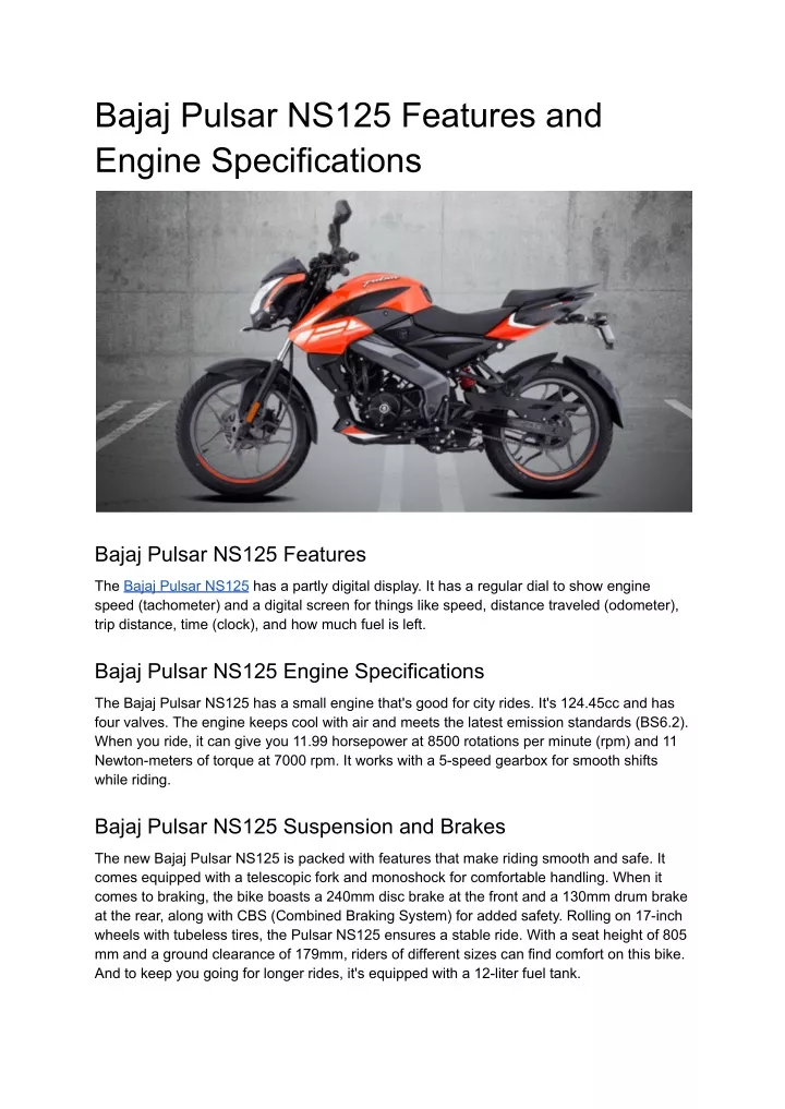 bajaj pulsar ns125 features and engine
