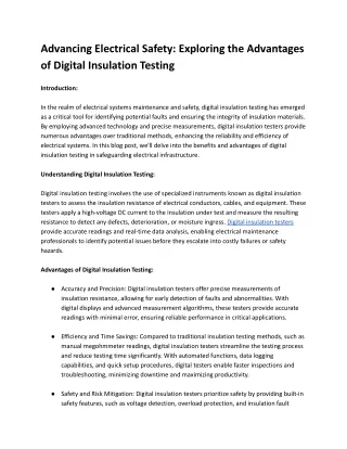 Advancing Electrical Safety: Exploring the Advantages of Digital Insulation Test