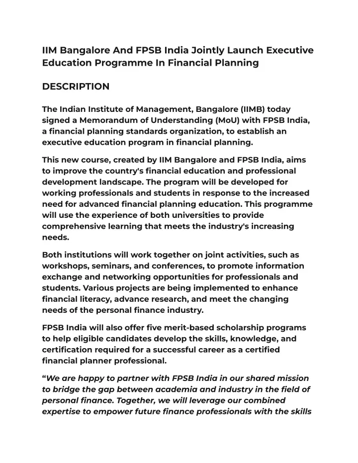 iim bangalore and fpsb india jointly launch