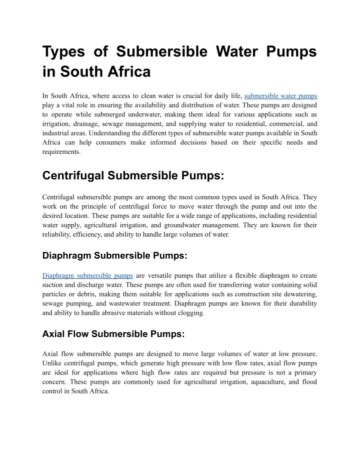 types of submersible water pumps in south africa