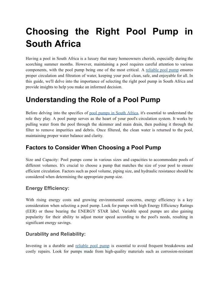 choosing the right pool pump in south africa
