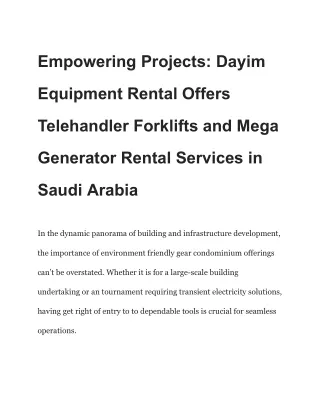 Dayim Equipment Rental Offers Telehandler Forklifts and Mega Generator Rental Services in Saudi Arabia