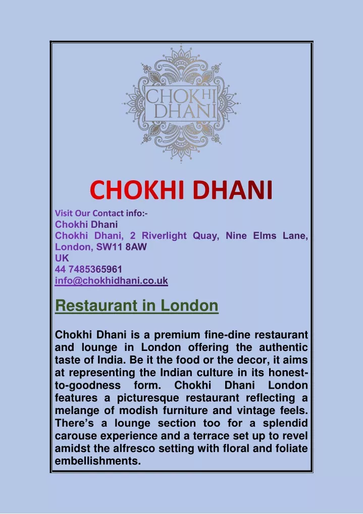 restaurant in london chokhi dhani is a premium