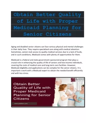 Obtain Better Quality of Life with Proper Medicaid Planning for Senior Citizens