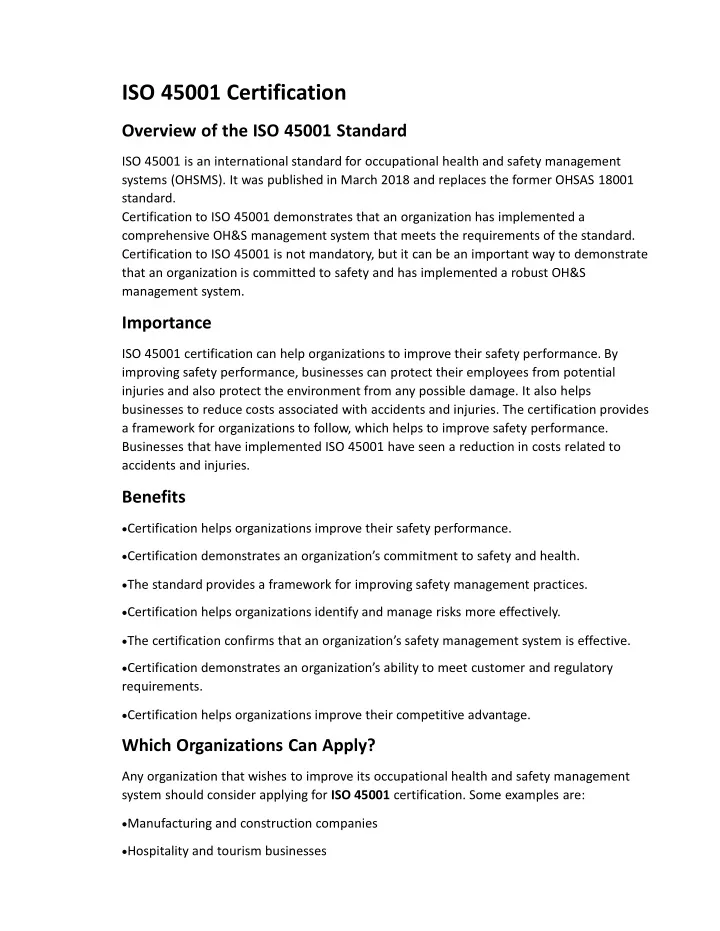 iso 45001 certification overview of the iso 45001