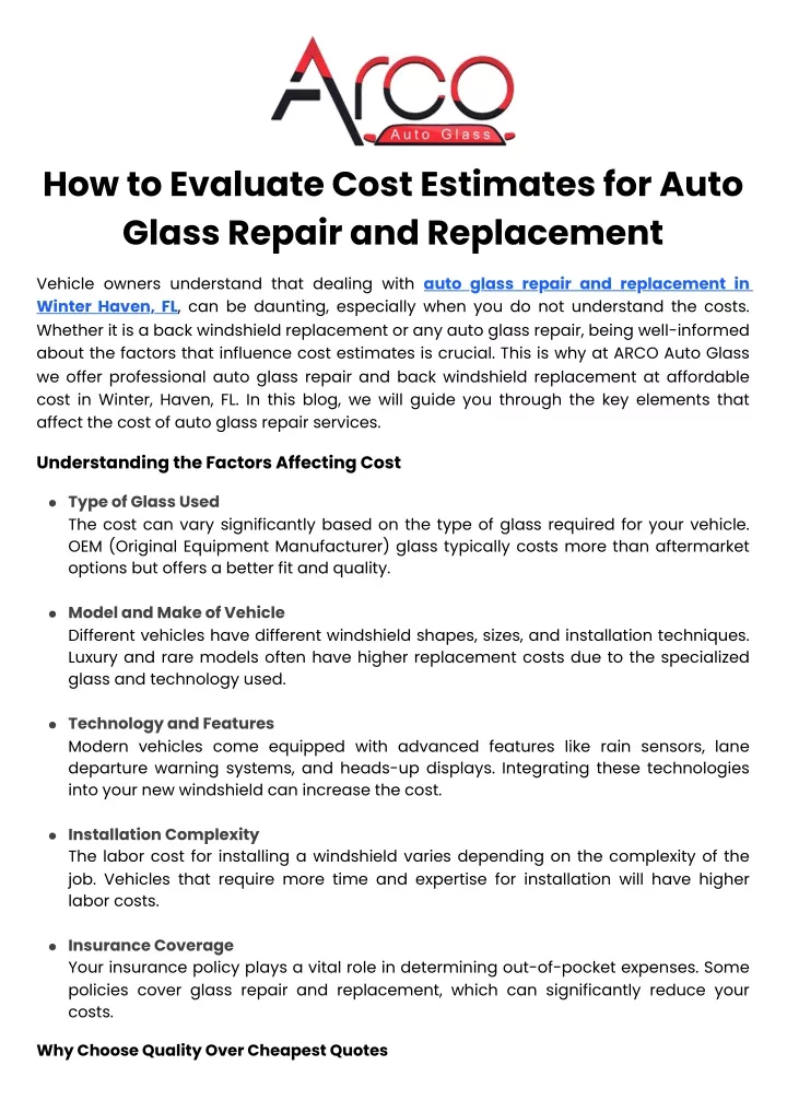 how to evaluate cost estimates for auto glass