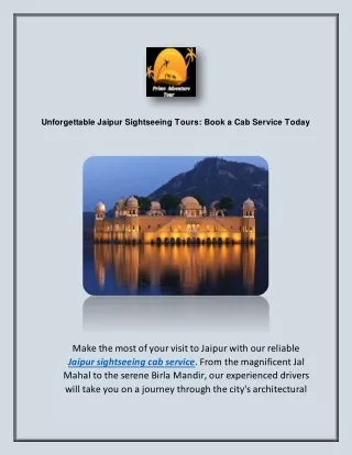 Unforgettable Jaipur Sightseeing Tours  Book a Cab Service Today