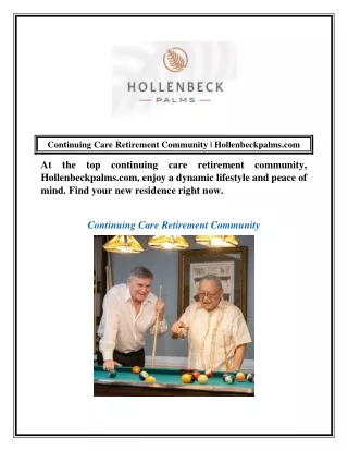 Continuing Care Retirement Community | Hollenbeckpalms.com