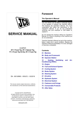 JCB 9T-1 Front Tip Dumper Service Repair Manual SN From 2561001 onwards