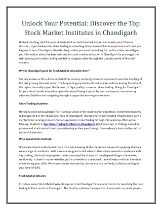 Unlock Your Potential: Discover the Top Stock Market Institutes in Chandigarh