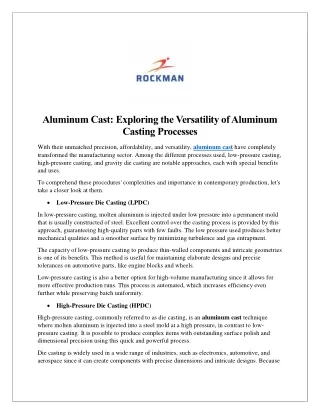 Aluminum Cast- Exploring the Versatility of Aluminum Casting Processes