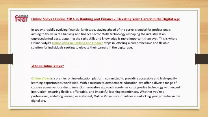 online vidya online mba in banking and finance