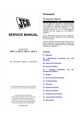 JCB 100C-1, 85Z-1, 86C-1, 90Z-1 Mini Excavator Service Repair Manual From 2563301 To 2563600