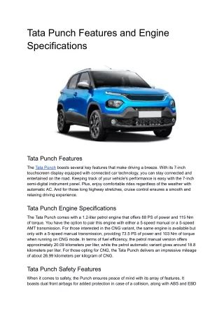 Tata Punch Features and Engine Specifications