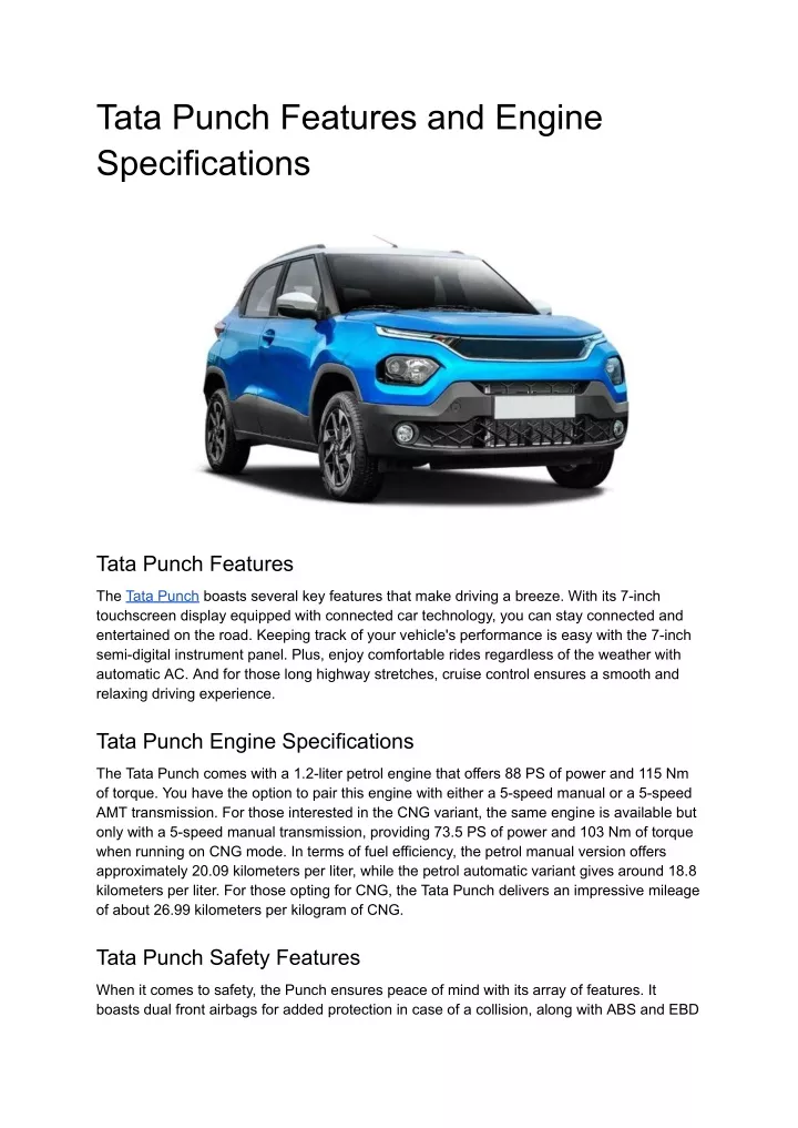 tata punch features and engine specifications
