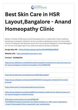 Best Skin Care in HSR Layout,Bangalore - Anand Homeopathy Clinic