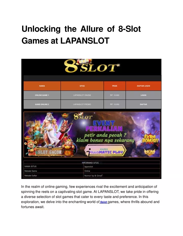 unlocking the allure of 8 slot games at lapanslot