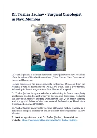 Dr Tushar Jadhav - Surgical Oncologist in Navi Mumbai