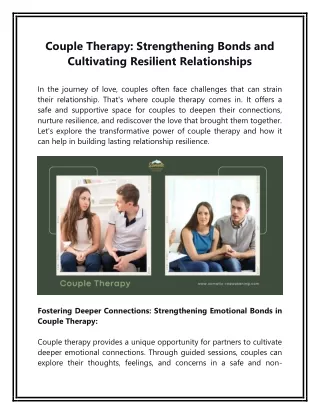 Couple Therapy: Strengthening Bonds and Cultivating Resilient Relationships