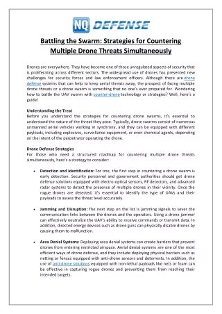 Battling the Swarm- Strategies for Countering Multiple Drone Threats Simultaneously