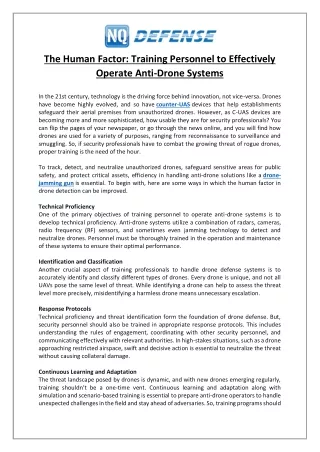 The Human Factor- Training Personnel to Effectively Operate Anti-Drone Systems