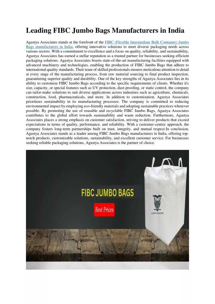 leading fibc jumbo bags manufacturers in india