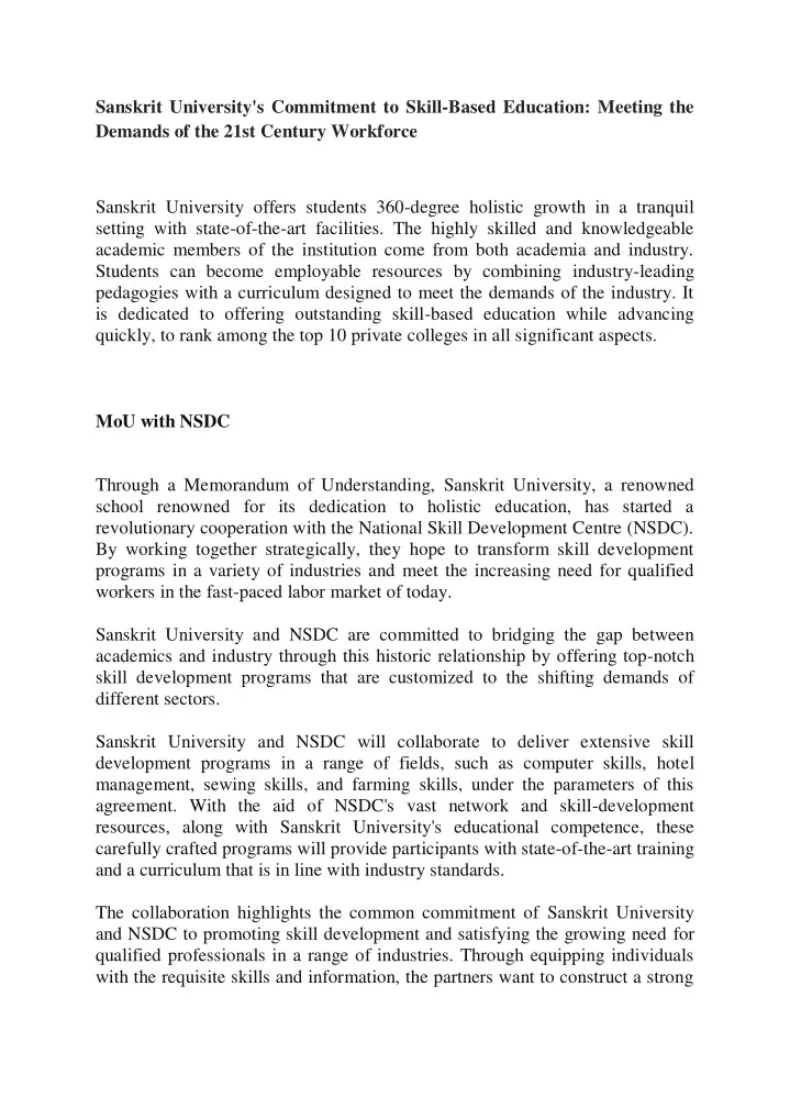 sanskrit university s commitment to skill based