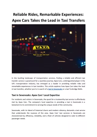 Reliable Rides, Remarkable Experiences: Apex Cars Takes the Lead in Taxi Transfe