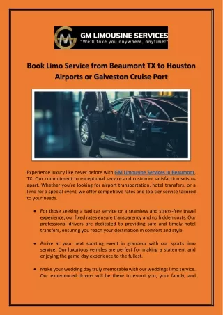 Book Limo Service from Beaumont TX to Houston Airports or Galveston Cruise Port