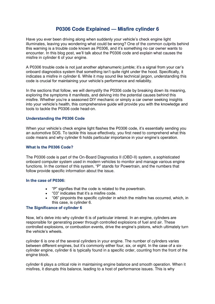 p0306 code explained misfire cylinder 6