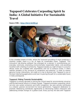 Togopool Celebrates Carpooling Spirit In India- A Global Initiative For Sustainable Travel